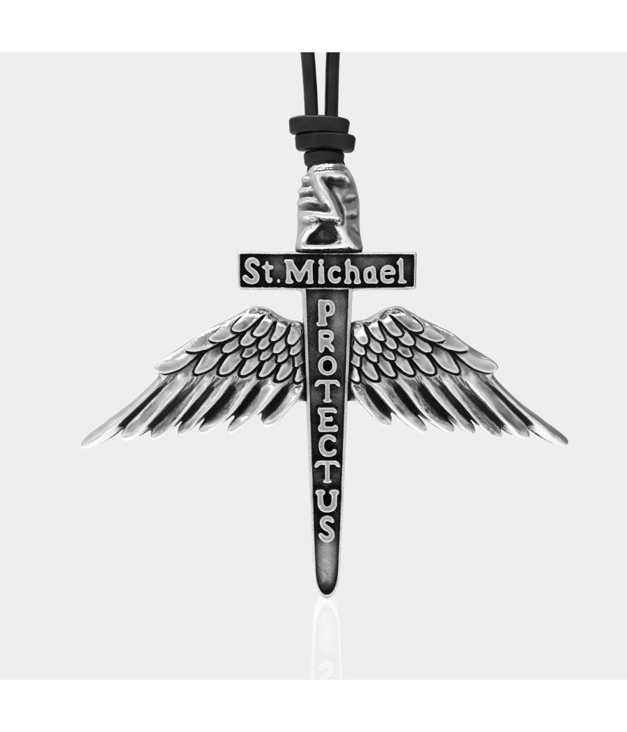 Silver St Michael Patron Protect Us Sword Necklace 0135