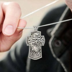 Silver Jesus Face Crucifix Necklace - Christ Jesus Cross