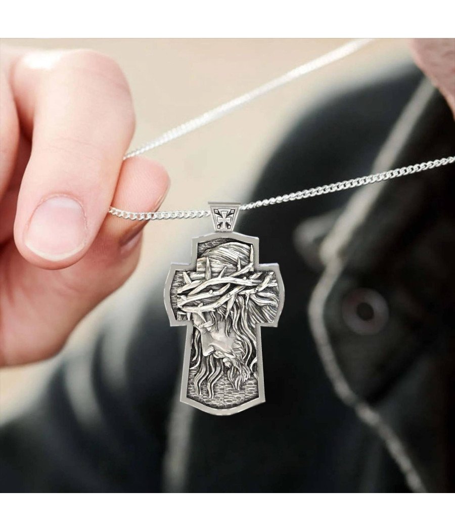 Silver Jesus Face Crucifix Necklace - Christ Jesus Cross