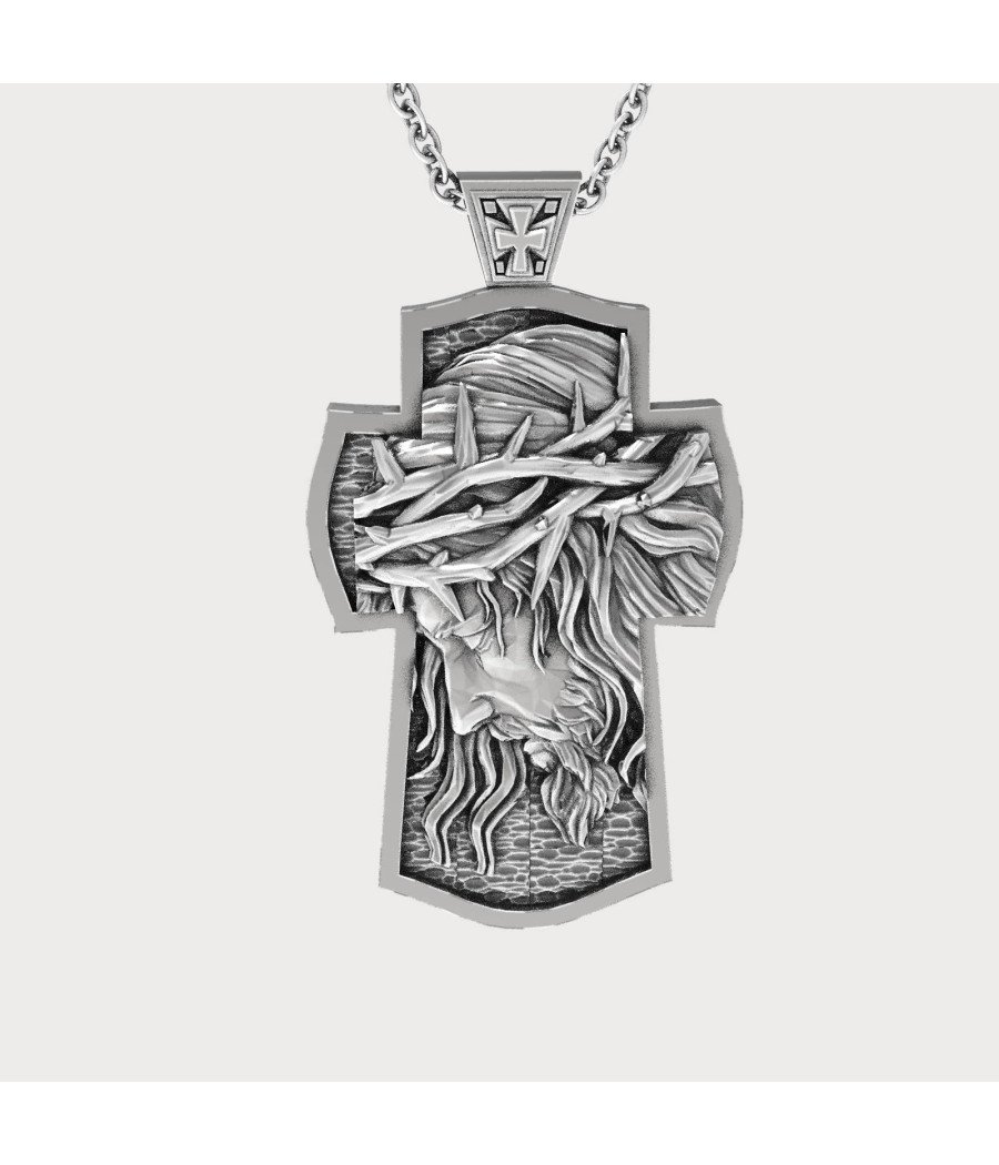Silver Jesus Face Crucifix Necklace - Christ Jesus Cross