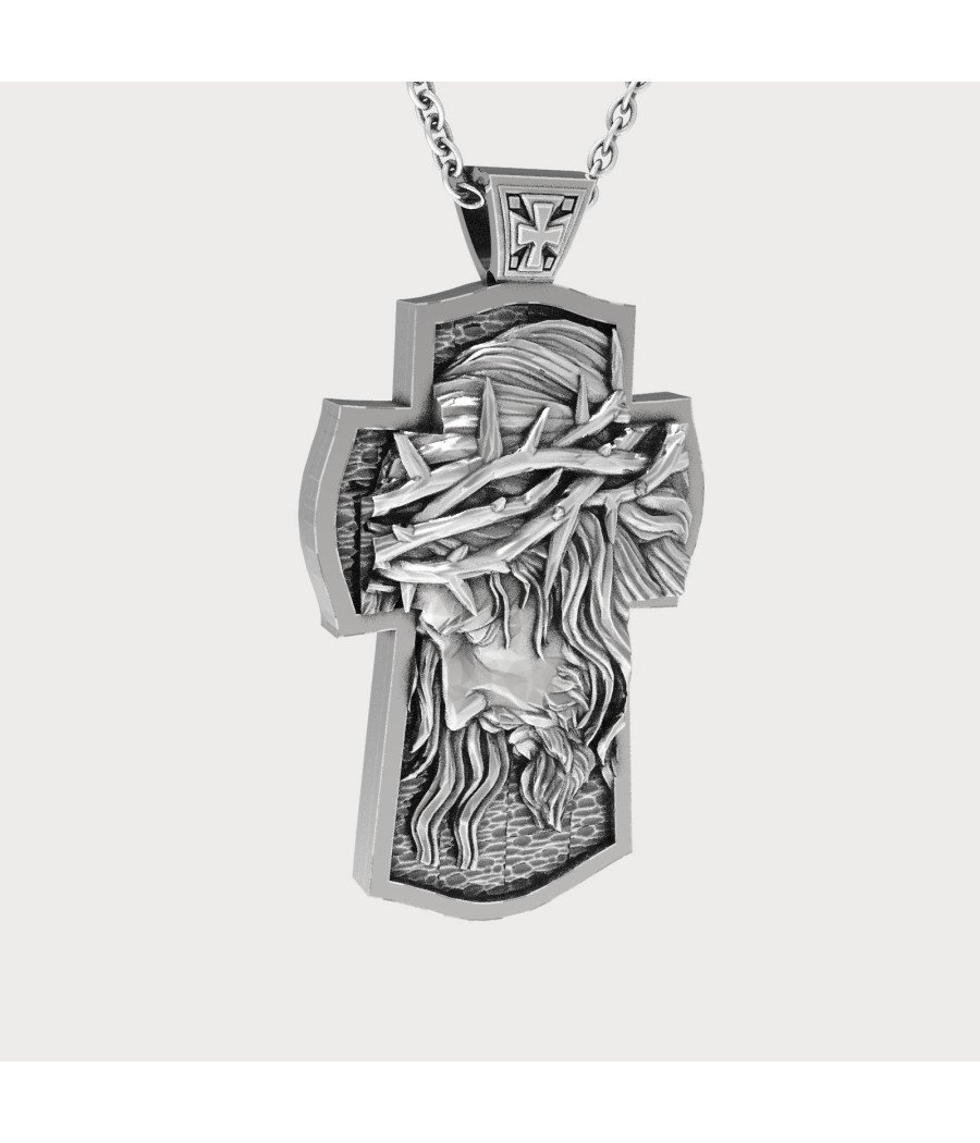 Silver Jesus Face Crucifix Necklace - Christ Jesus Cross