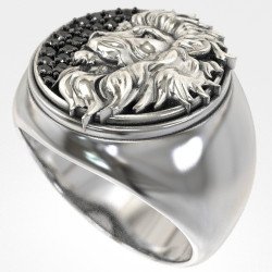 Ασημενιο Ανδρικο Δαχτυλιδι Λιονταρι Με Μαυρες Πετρες 0352