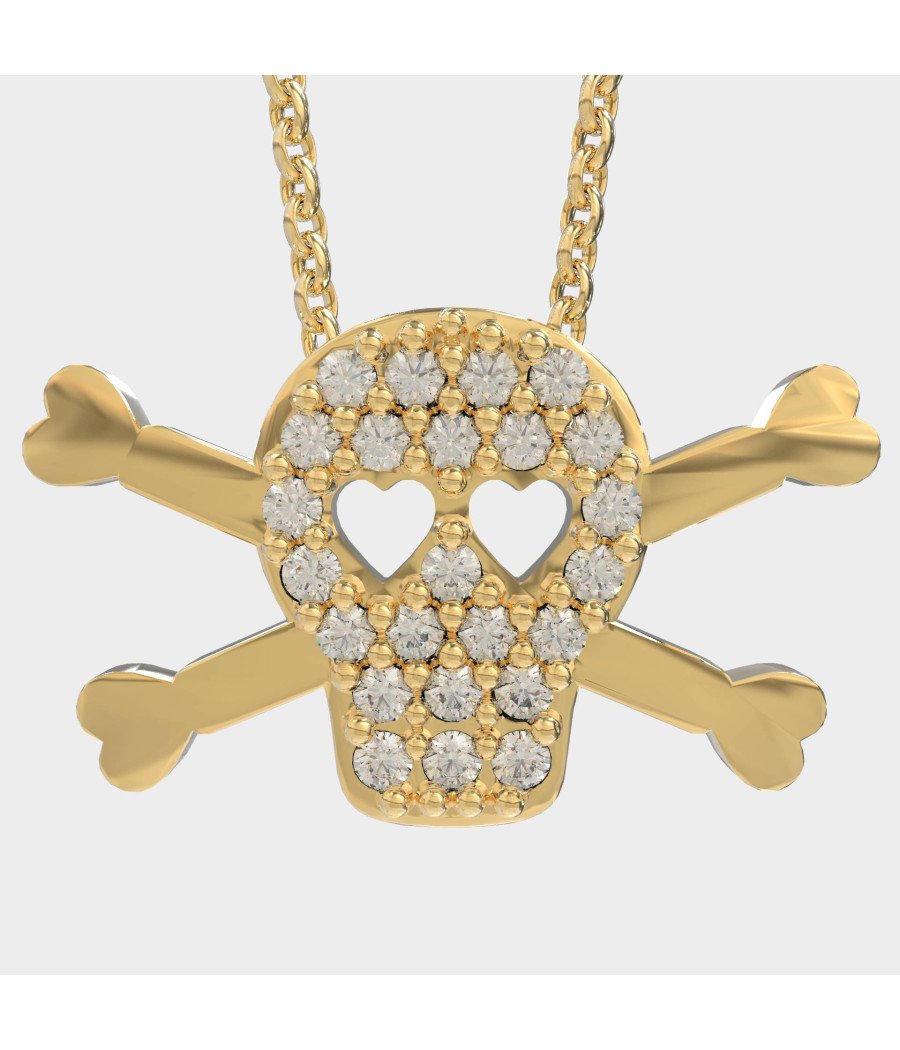 Collier avec tête de mort en argent et yeux en forme de coeur