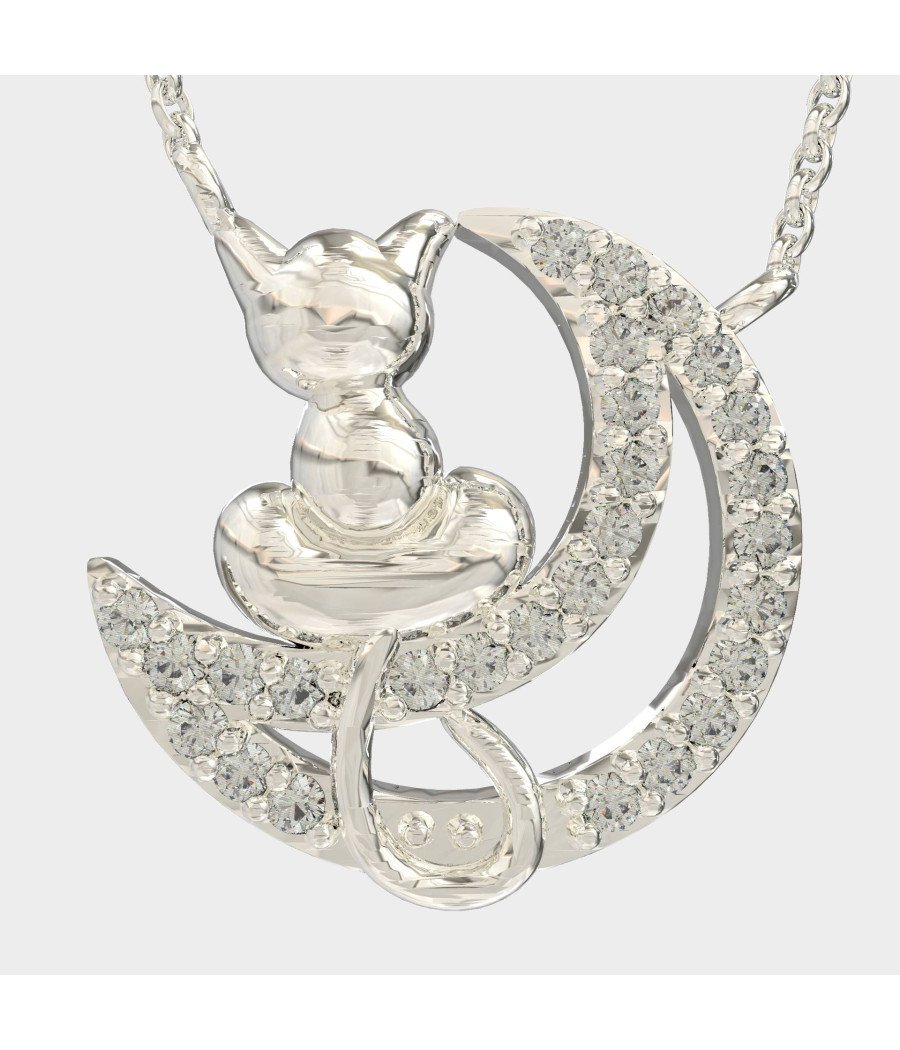 Collar de Plata Gato y Luna - Joyas de Lujo para Mujer 0097