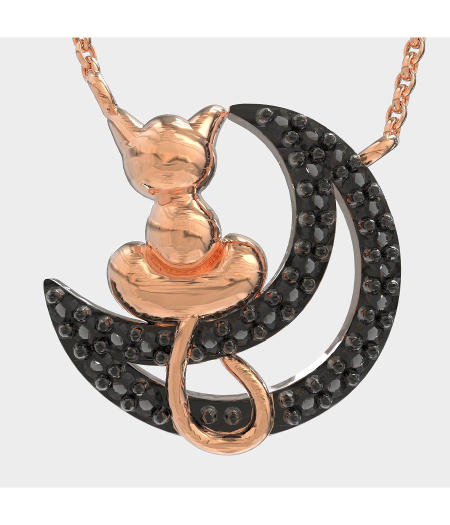 Collar de Plata Gato y Luna con Piedras Negras 0097MP