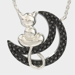 Collar de Plata Gato y Luna con Piedras Negras 0097MP
