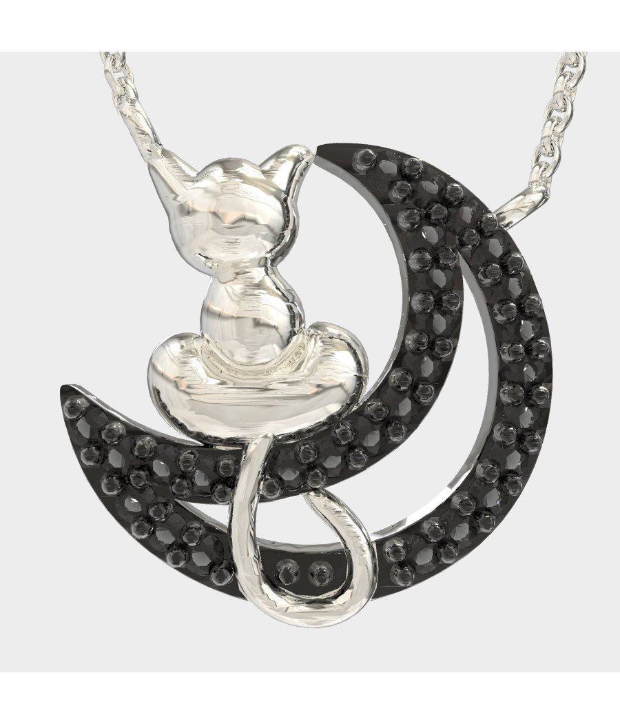 Collar de Plata Gato y Luna con Piedras Negras 0097MP