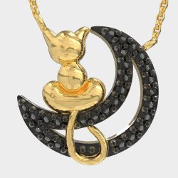 Collar de Plata Gato y Luna con Piedras Negras 0097MP