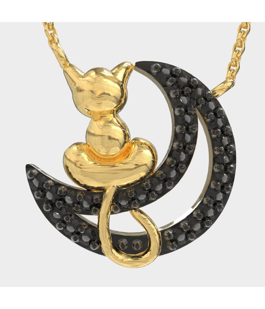 Collar de Plata Gato y Luna con Piedras Negras 0097MP