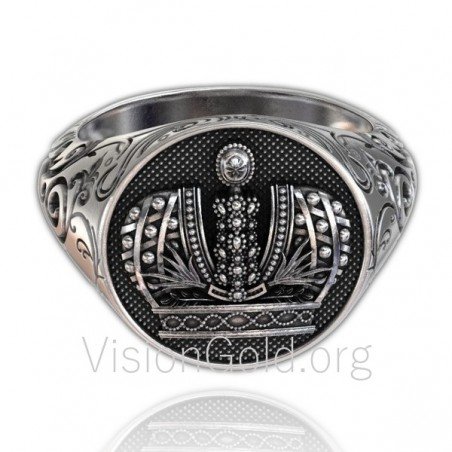 Серебряное мужское кольцо ручной работы с королевской короной и богато украшенной гравировкой с оксидирован 0026ием