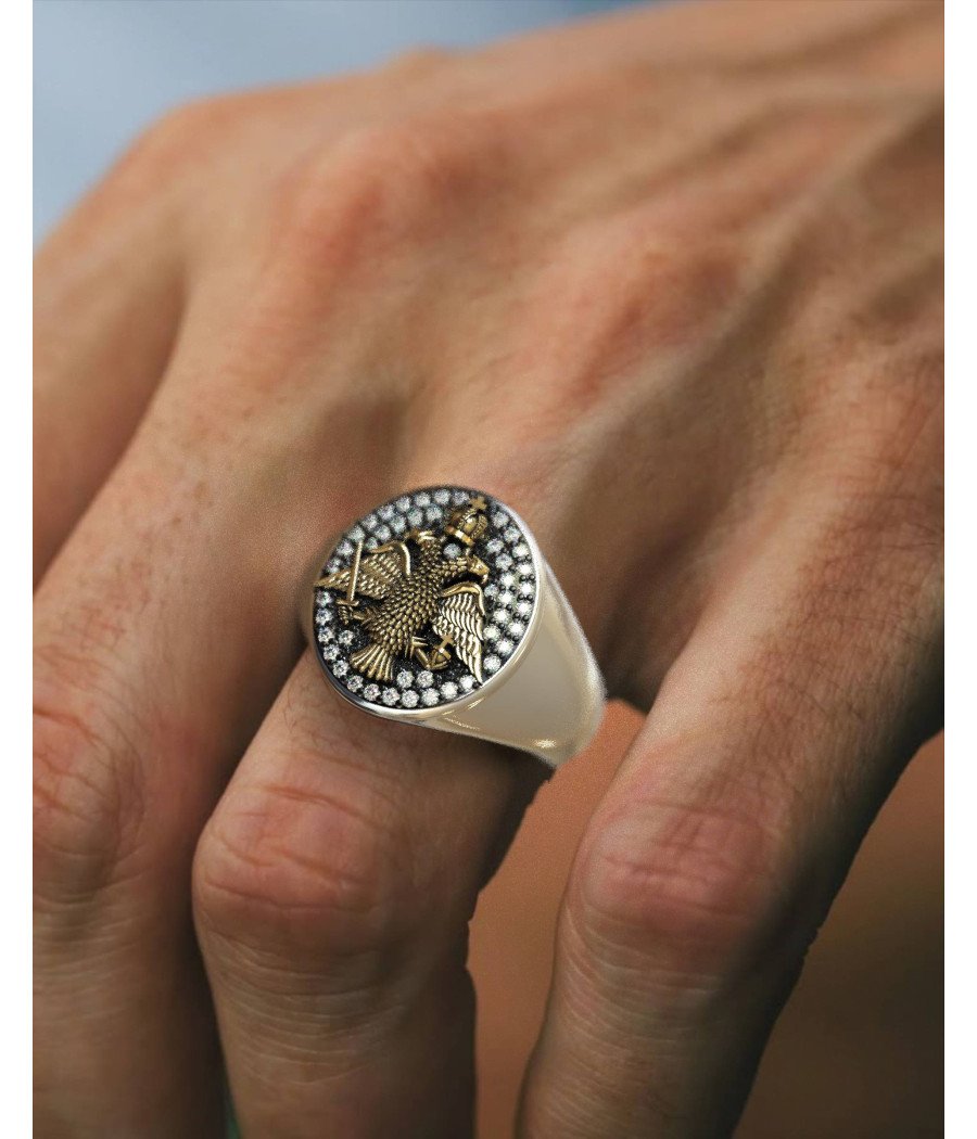 Anillo de sello de plata Águila bicéfala y diamantes 1010LP