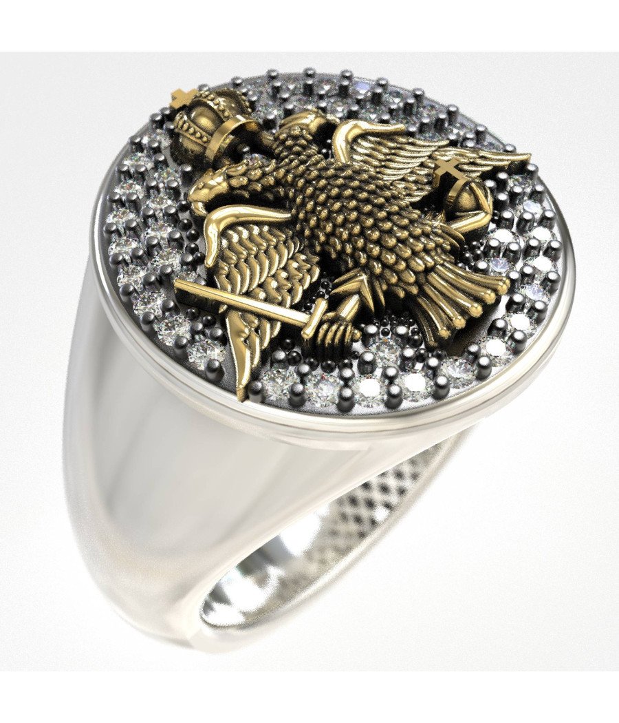 Anillo de sello de plata Águila bicéfala y diamantes 1010LP