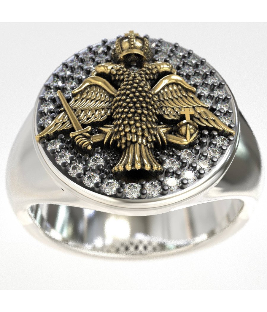 Anillo de sello de plata Águila bicéfala y diamantes 1010LP