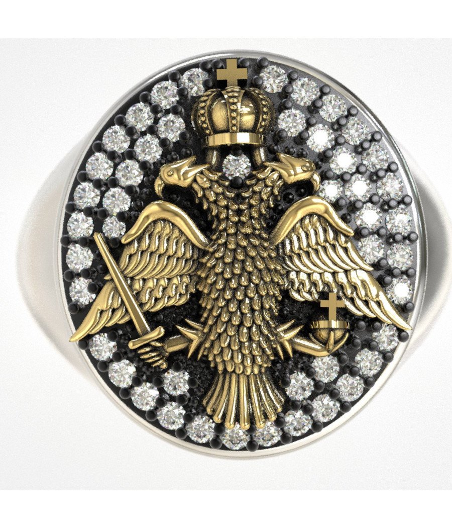 Anillo de sello de plata Águila bicéfala y diamantes 1010LP