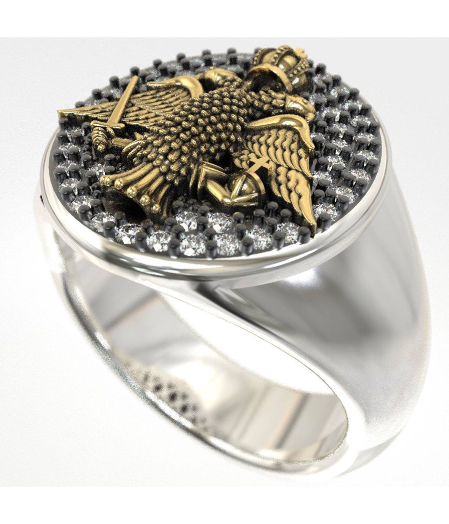 Anillo de sello de plata Águila bicéfala y diamantes 1010LP