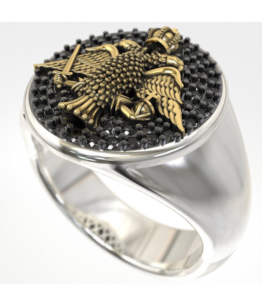 Byzantine Crown Men's Signet Ring with Double Head Eagle 1010MP