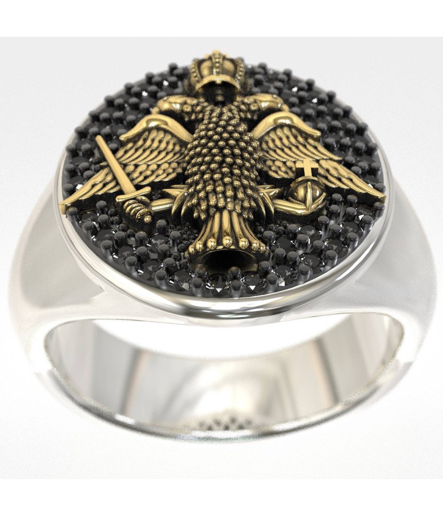 Corona bizantina Anillo de sello para hombre con águila de dos