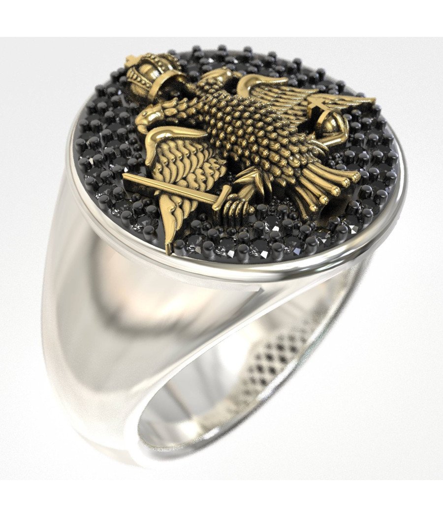 Corona bizantina Anillo de sello para hombre con águila de dos