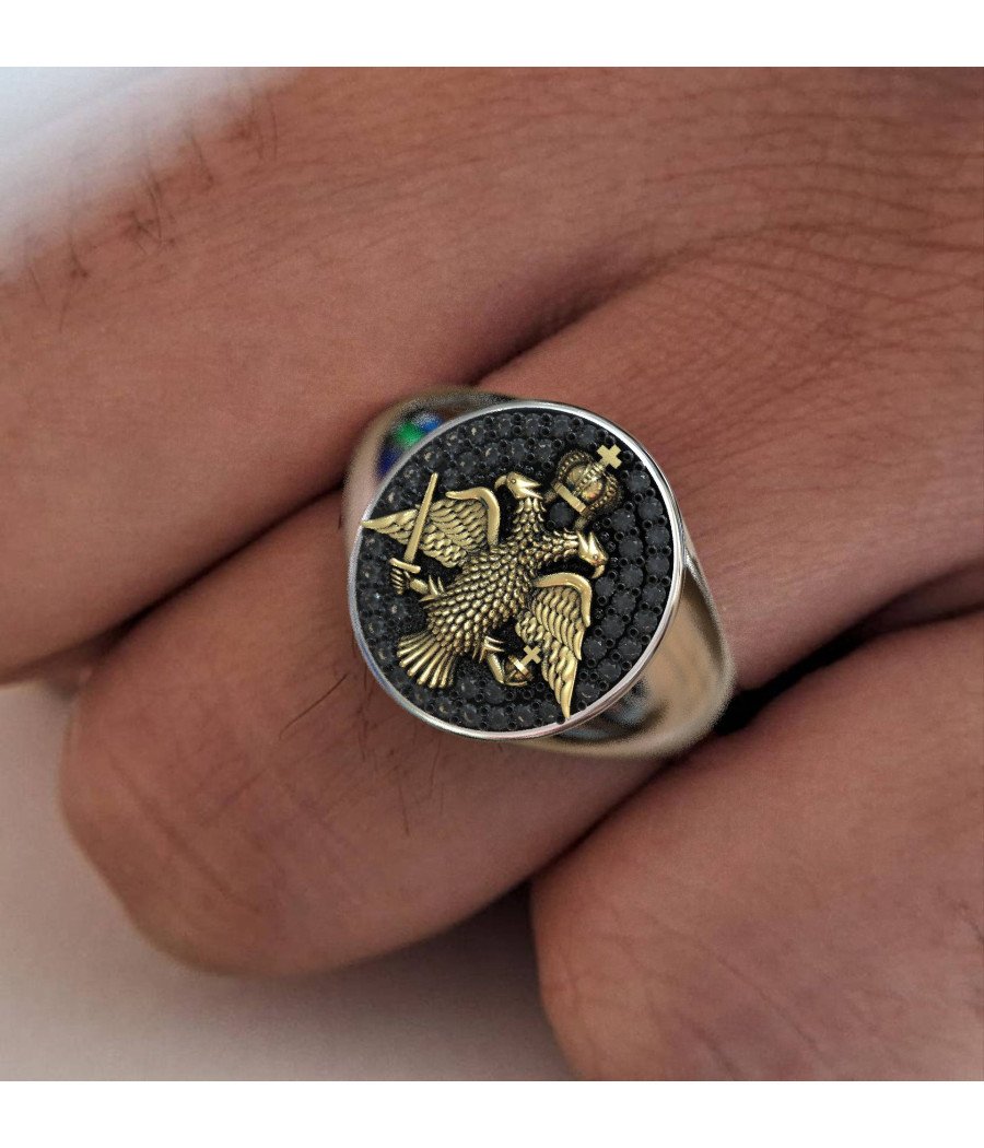 Corona bizantina Anillo de sello para hombre con águila de dos
