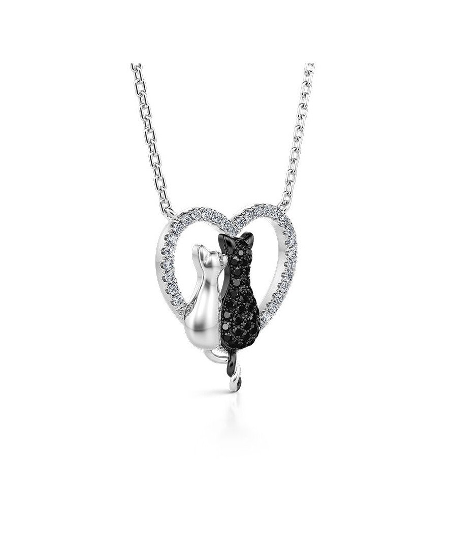 Collar Romántico Corazón de Plata con Dos Gatos 0906