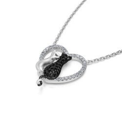 Collar Romántico Corazón de Plata con Dos Gatos 0906