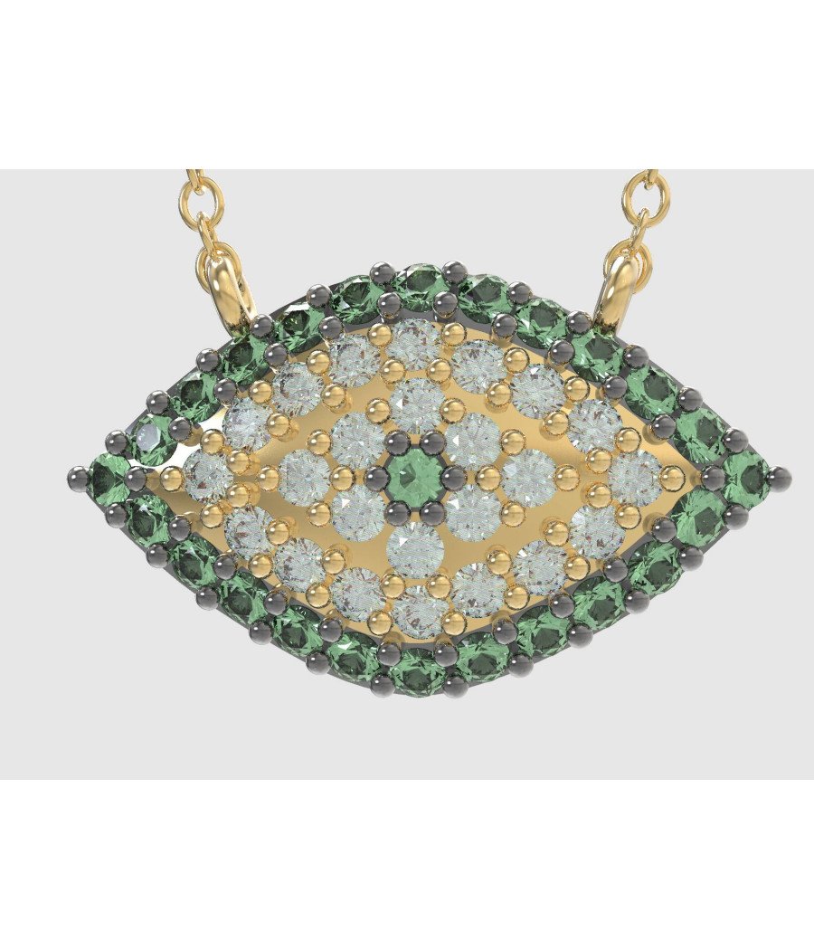 Pendentif œil avec paillettes dorées et accents verts 0196PP