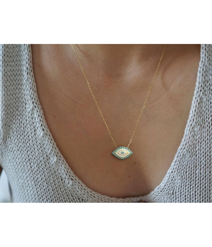 Pendentif œil avec paillettes dorées et accents verts 0196PP
