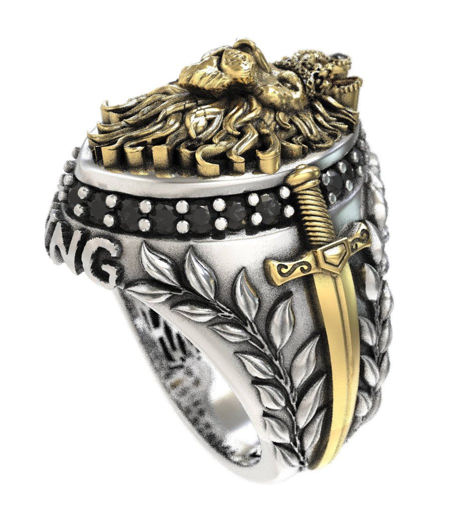 Anillo León 925° con Espadas y Detalles Dorados 0612LKMP