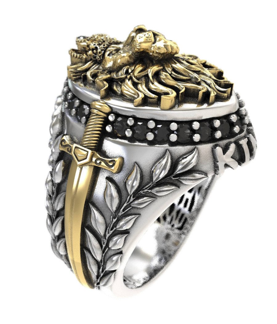 Anillo León 925° con Espadas y Detalles Dorados 0612LKMP