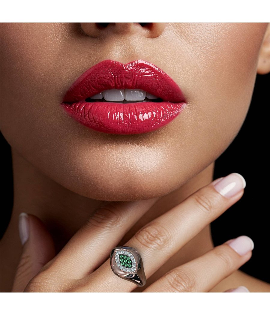 Luxueuse bague grecque œil maléfique avec zircons verts 1443R