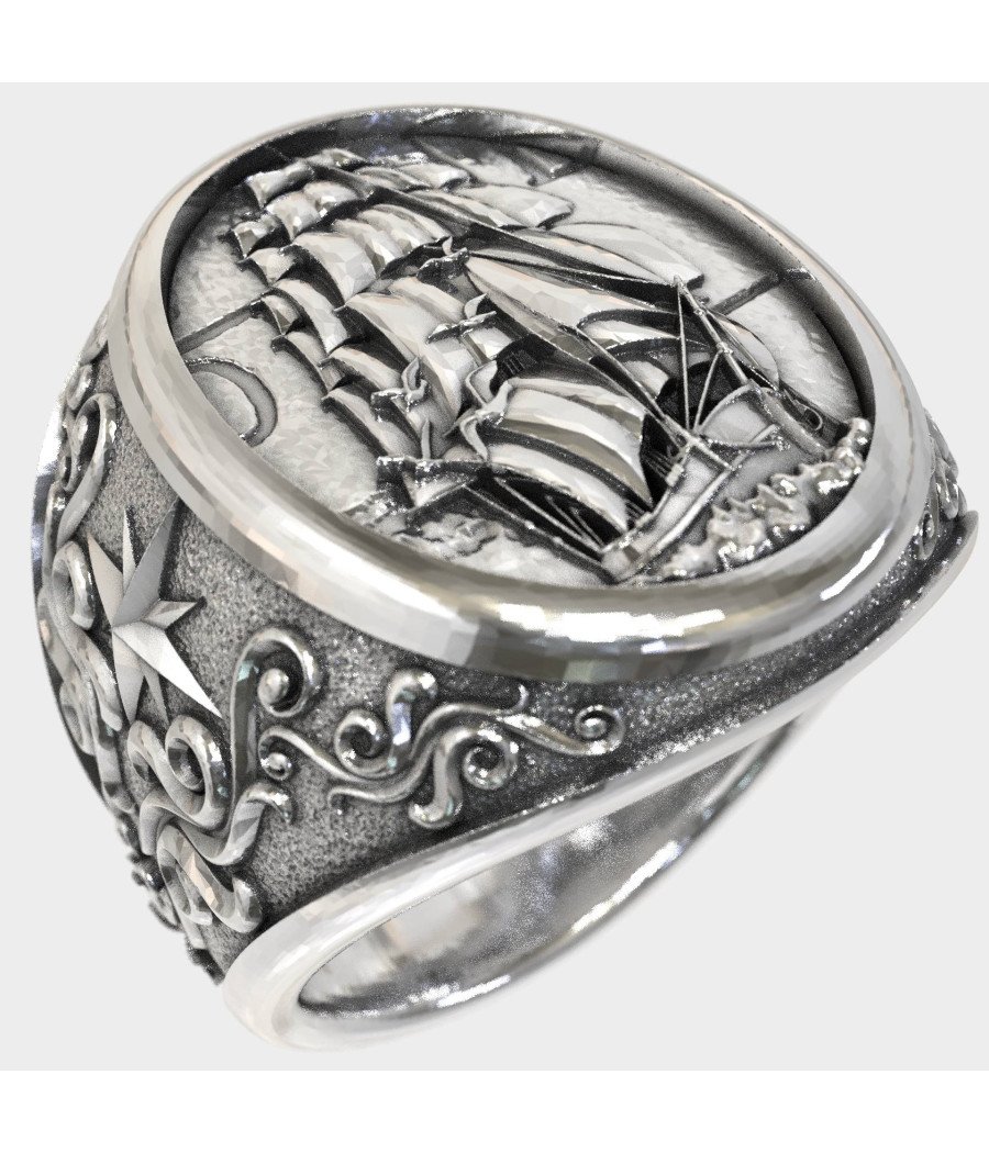 Men's Silver Ring with Ship and Anchor 0972