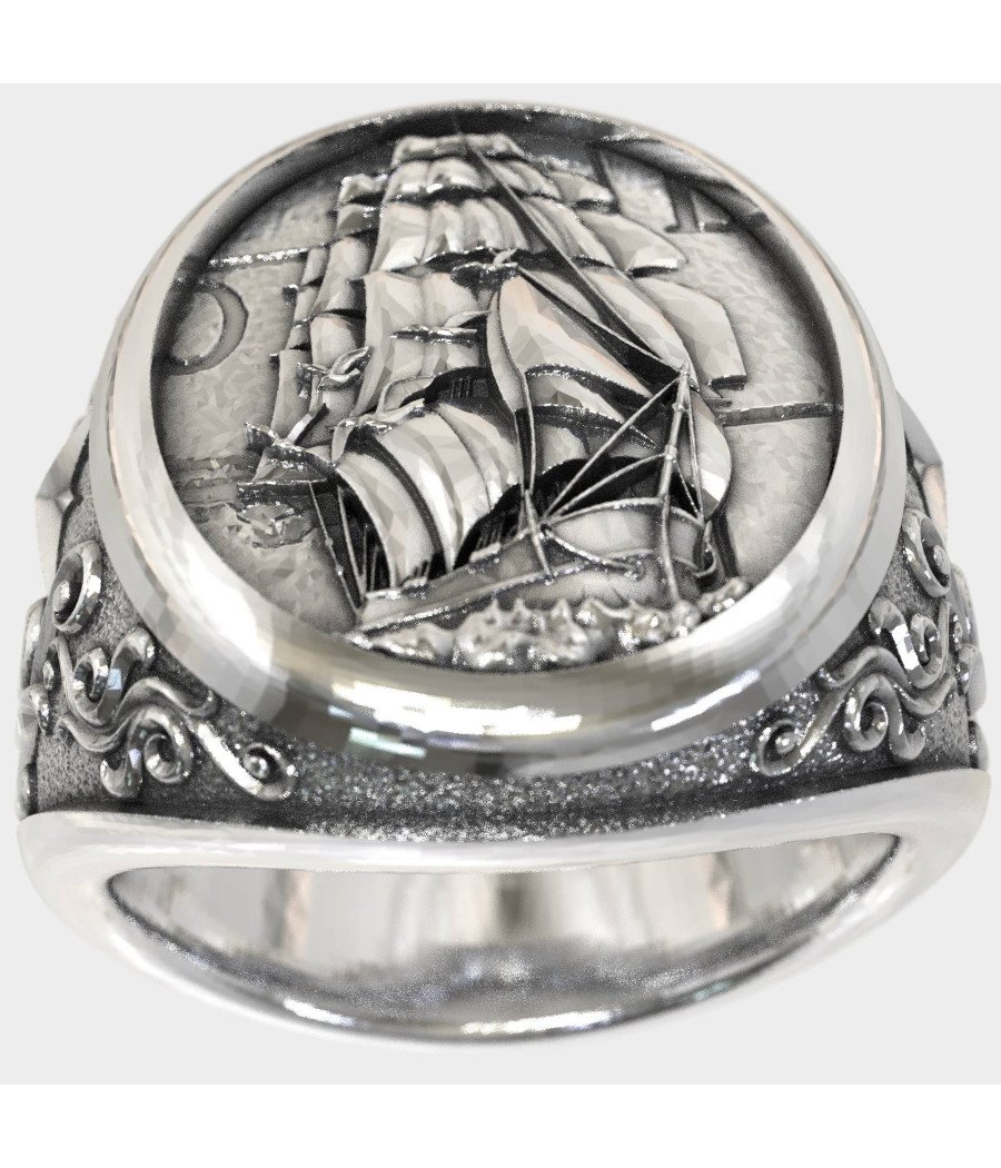 Men's Silver Ring with Ship and Anchor 0972