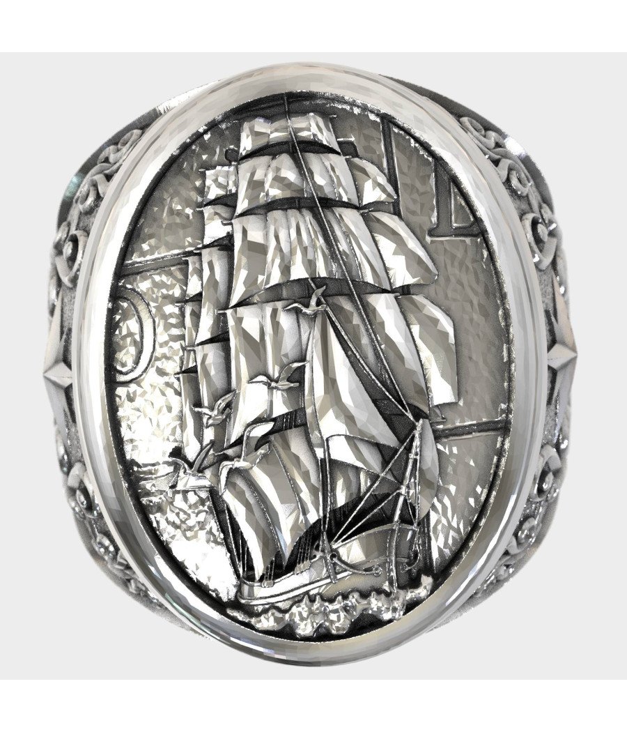 Men's Silver Ring with Ship and Anchor 0972