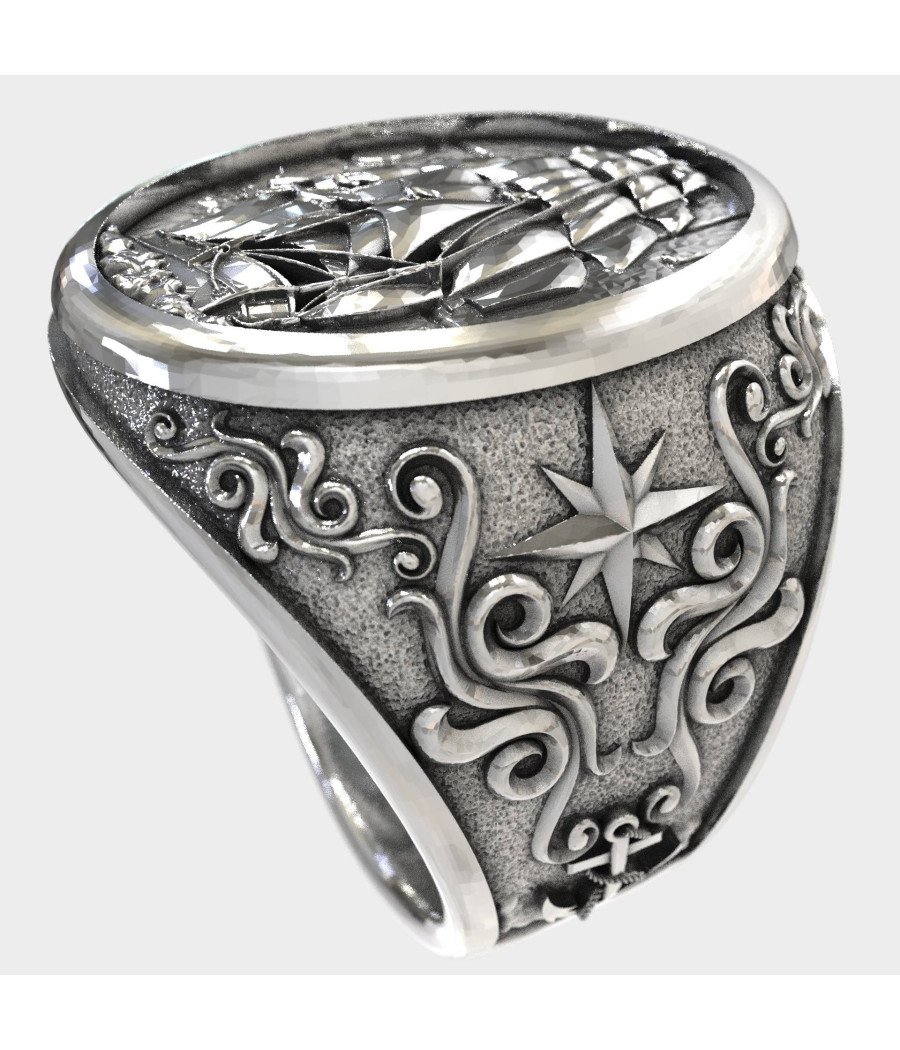Men's Silver Ring with Ship and Anchor 0972