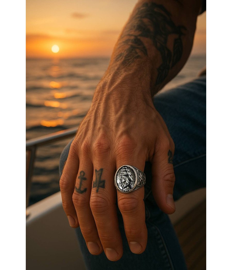 Men's Silver Ring with Ship and Anchor 0972