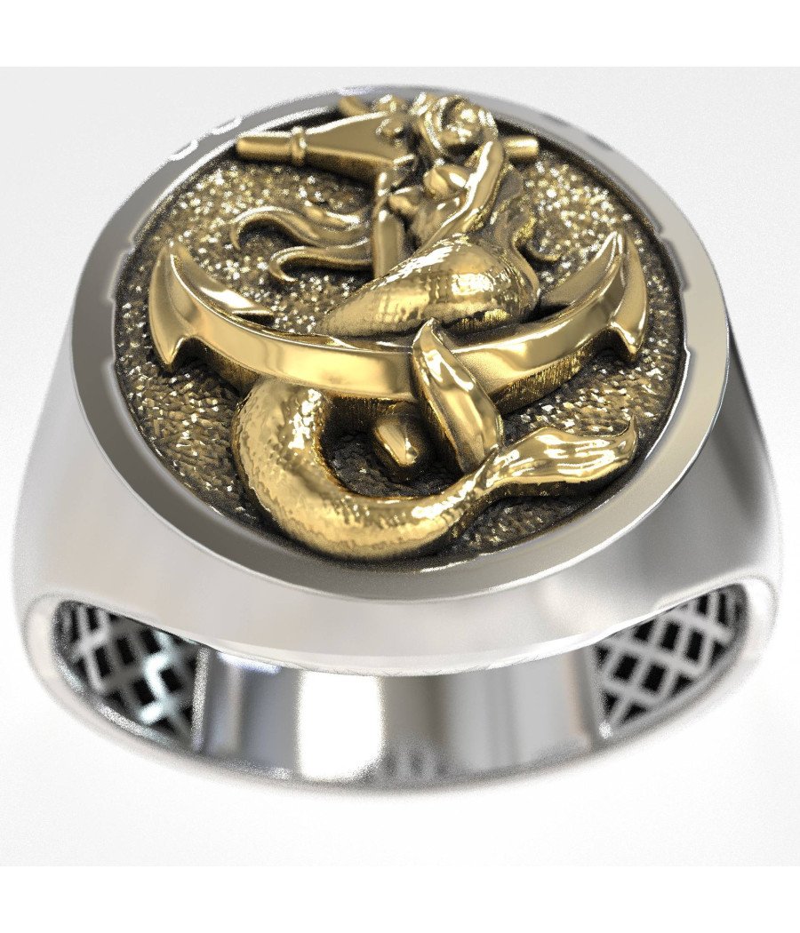 Bague de chevalière pour homme, sirène et ancre 1004L