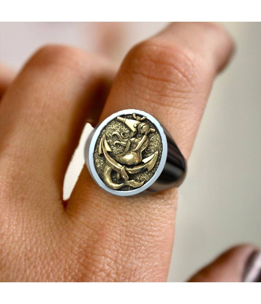 Bague de chevalière pour homme, sirène et ancre 1004L