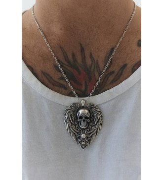Silver Men's Necklace with Wings and Skull 0559