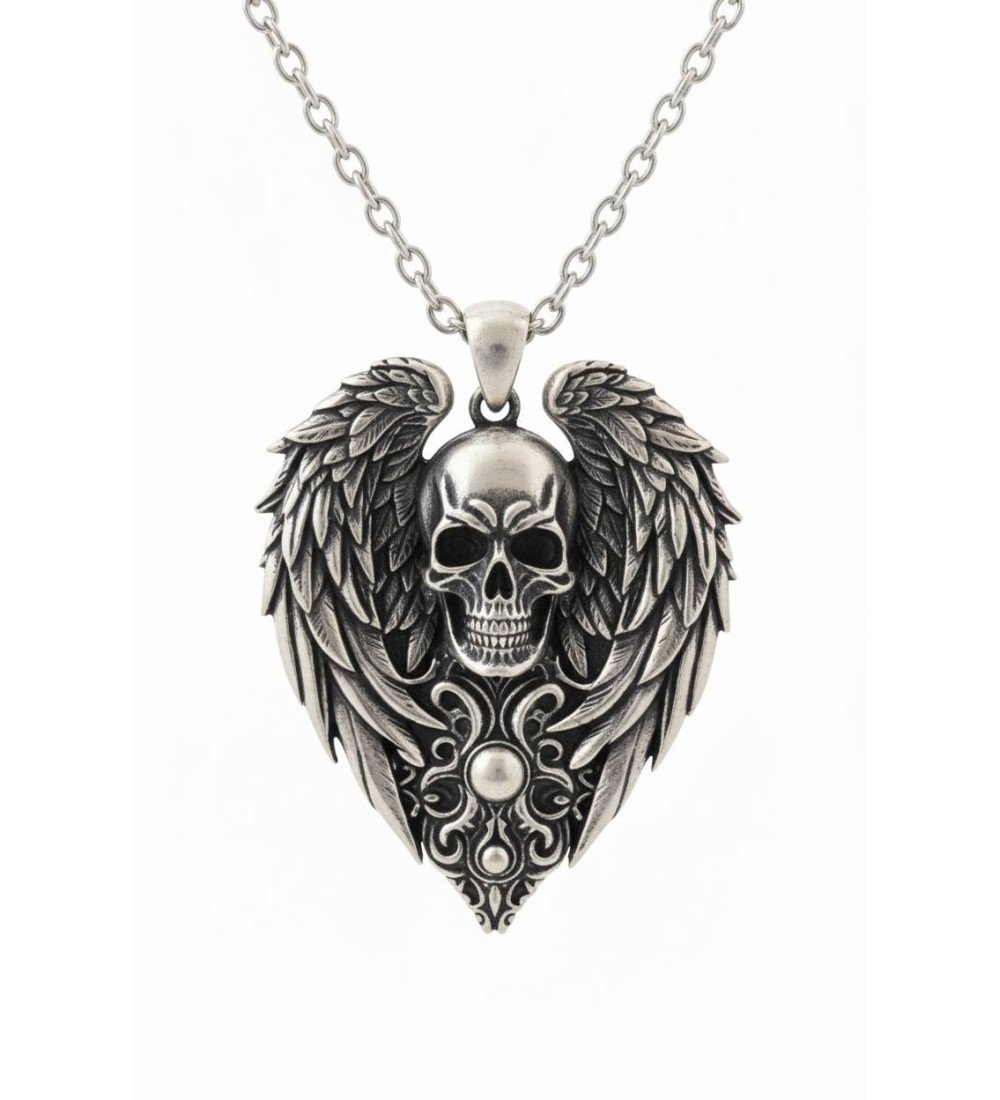 Collar de hombre de plata con alas y calavera 0559