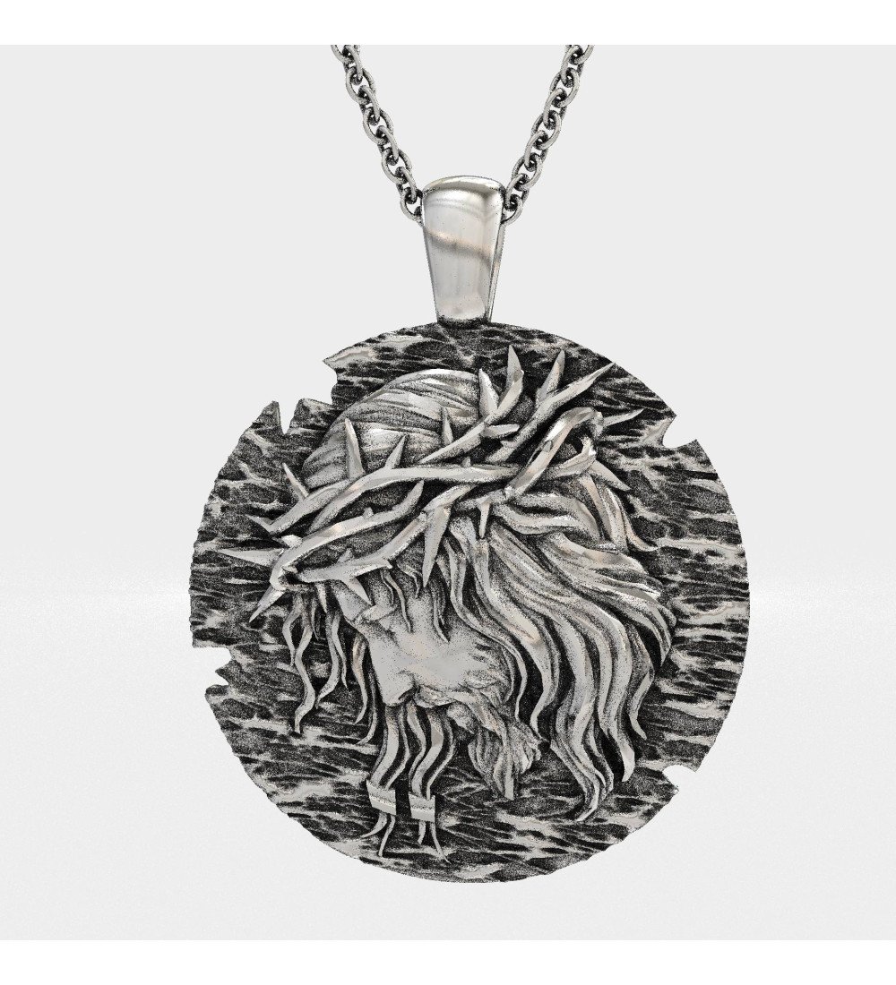 Amulette chrétienne en argent pour hommes Jésus-Christ Couronne