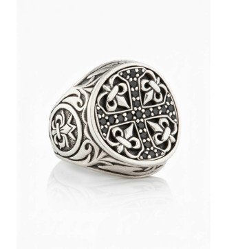 Men's Silver Cross Ring With Black Zircons 1039MP