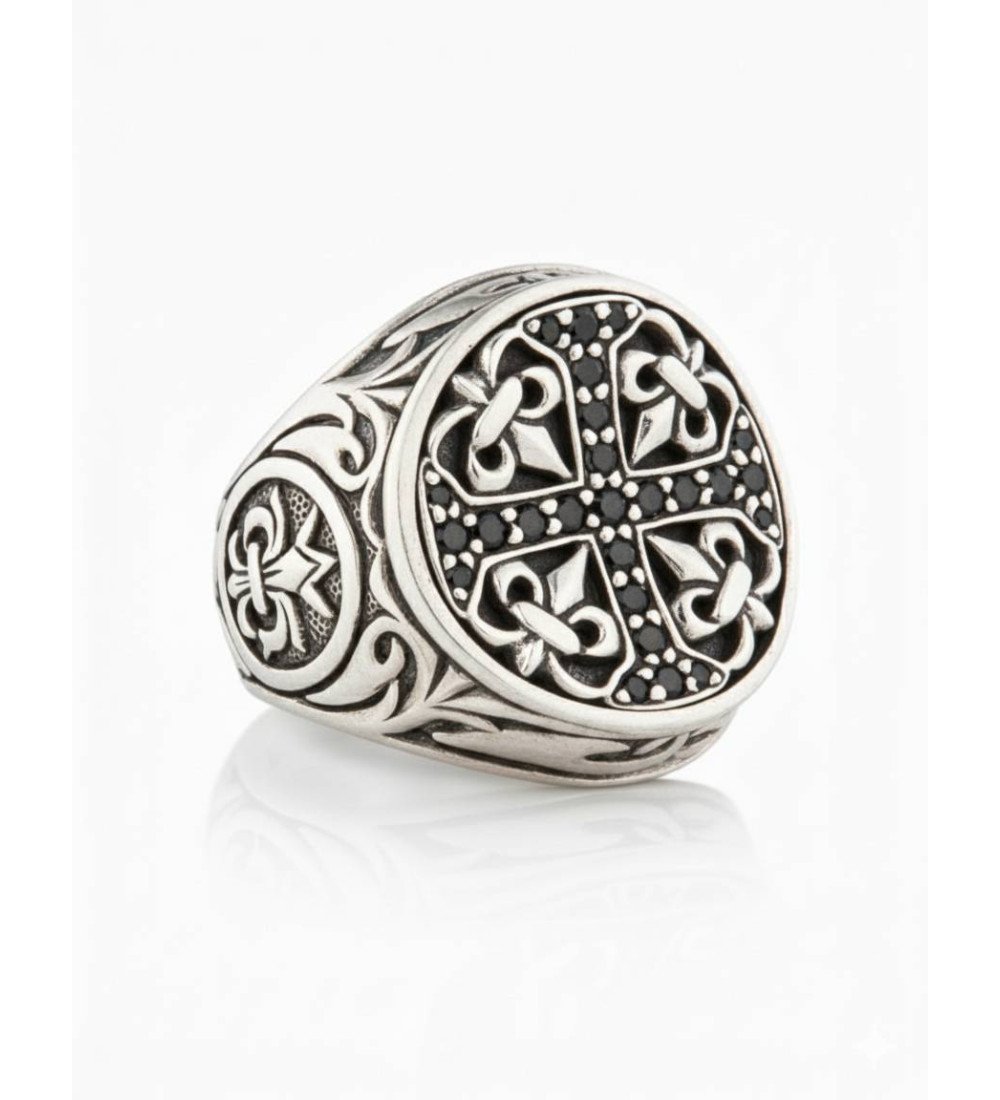 Men's Silver Cross Ring With Black Zircons 1039MP