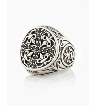 Men's Silver Cross Ring With Black Zircons 1039MP