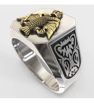 Мужское кольцо-печатка с византийским двуглавым орлом 0099