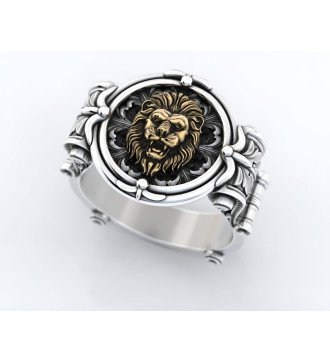 Chevalier Signet Lion Head Ring with Fleur De Lis 0243