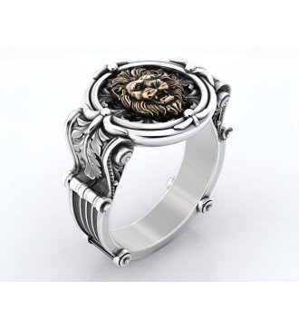 Chevalier Signet Bague tête de lion avec fleur de lis 0243