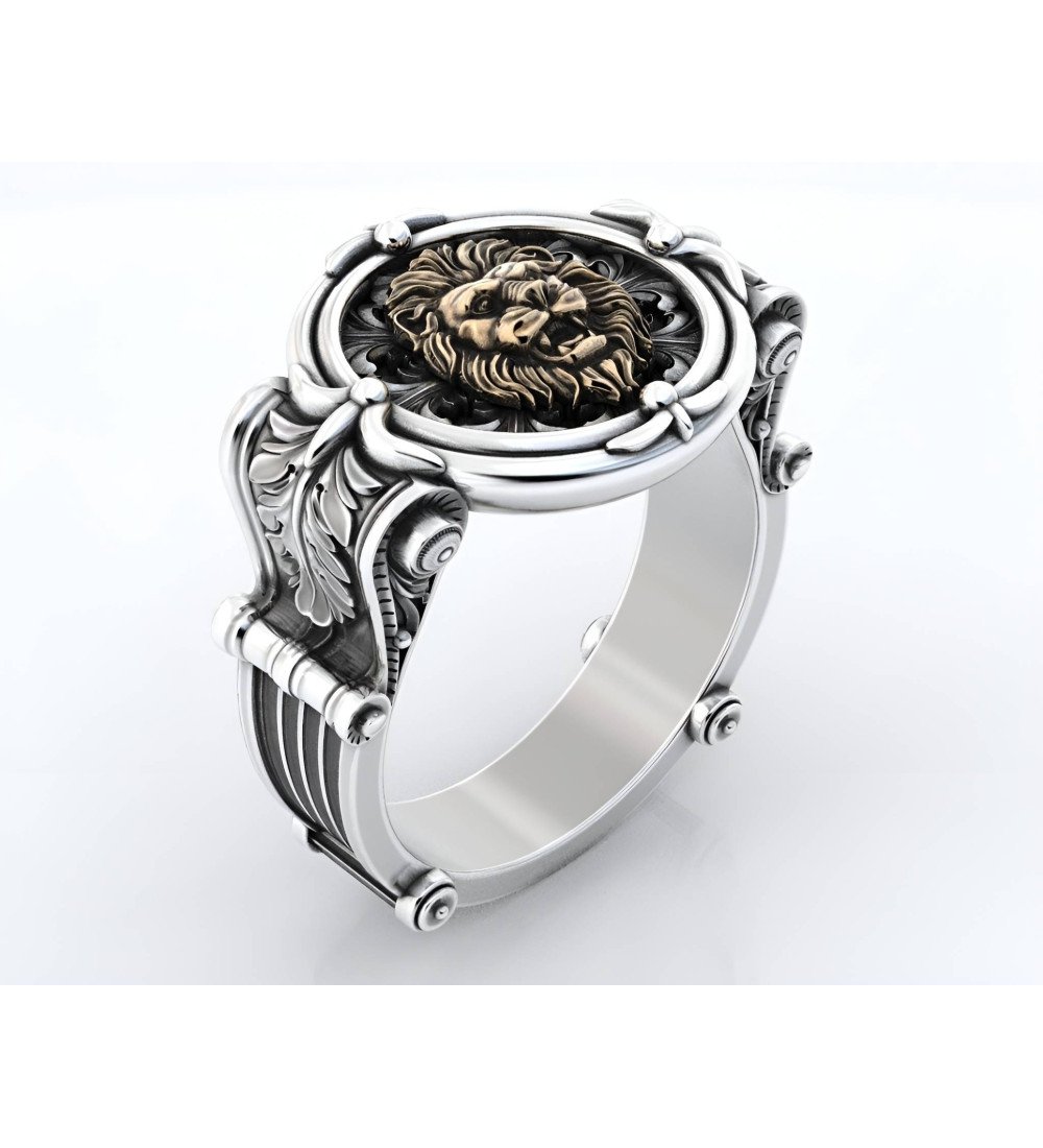 Chevalier Signet Lion Head Ring with Fleur De Lis 0243