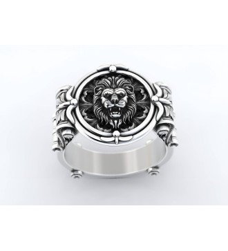 Chevalier Signet Lion Head Ring with Fleur De Lis 0243