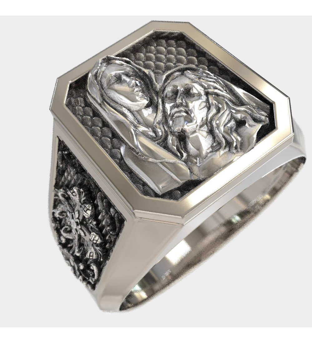 Bague Signet Jésus Vierge Marie en argent pour hommes 0474