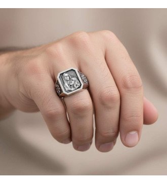 Bague Signet Jésus Vierge Marie en argent pour hommes 0474